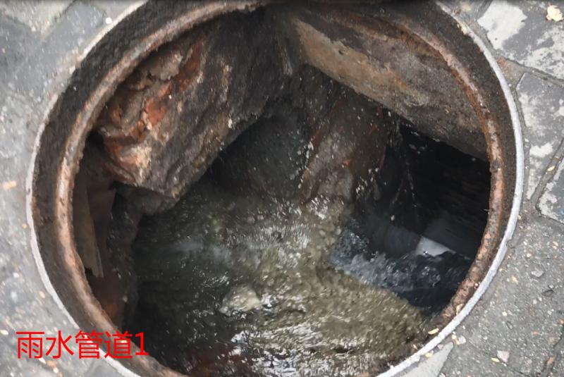 一处雨水管道内正汹涌地流淌着污水.